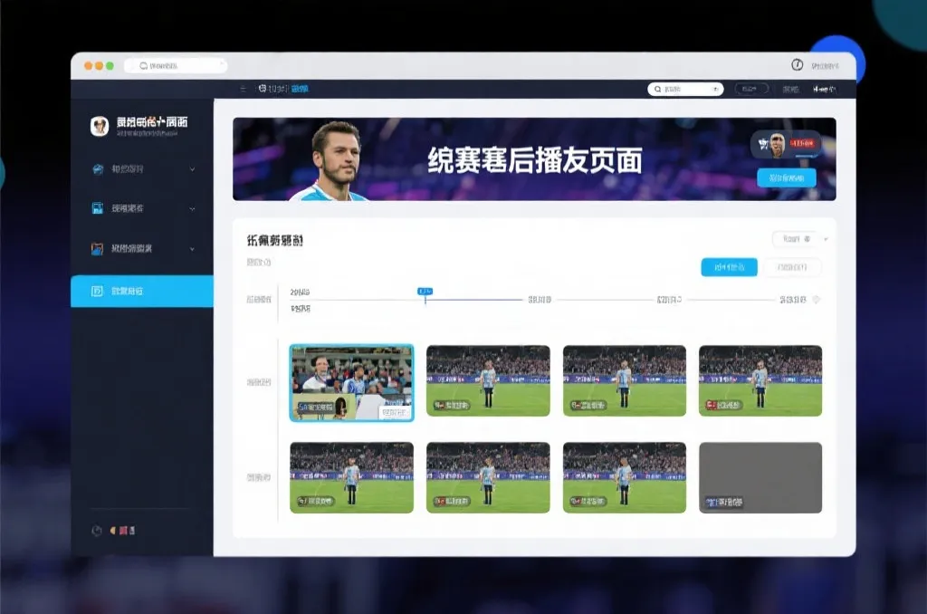 比赛结束后，电视屏幕展示集锦回放页面，旁边有时间轴和多角度切换提示